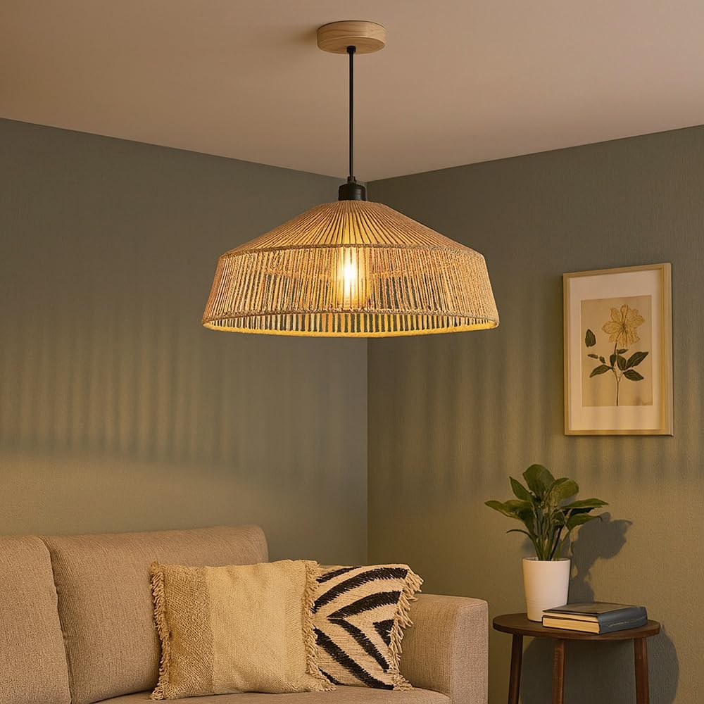 Lampadario a Sospensione in Stile Boho 40/50cm, Paralume in Rattan/Filo di Corda, Attacco E27, Altezza Regolabile, Illuminazione per Cucina Soggiorno Sala da Pranzo – Naturale LP-48