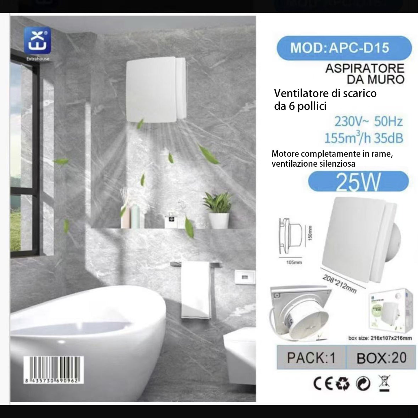 Aspiratore da Muro 6”, Ventola di Scarico per Bagno, 25W, 155 m³/h, Silenzioso 35 dB, Motore in Rame, Design Moderno – APC-D15