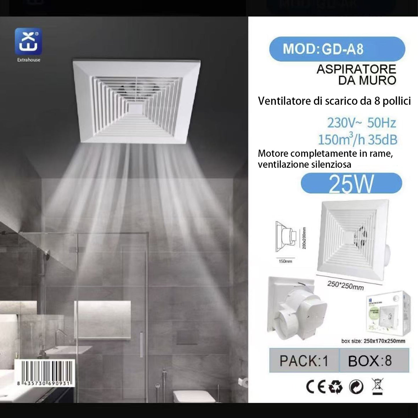 Aspiratore da Muro 8”, Ventola di Scarico per Bagno e Cucina, 25W, 150 m³/h, Silenzioso 35 dB, Motore in Rame, Installazione a Parete – E-GD-A8