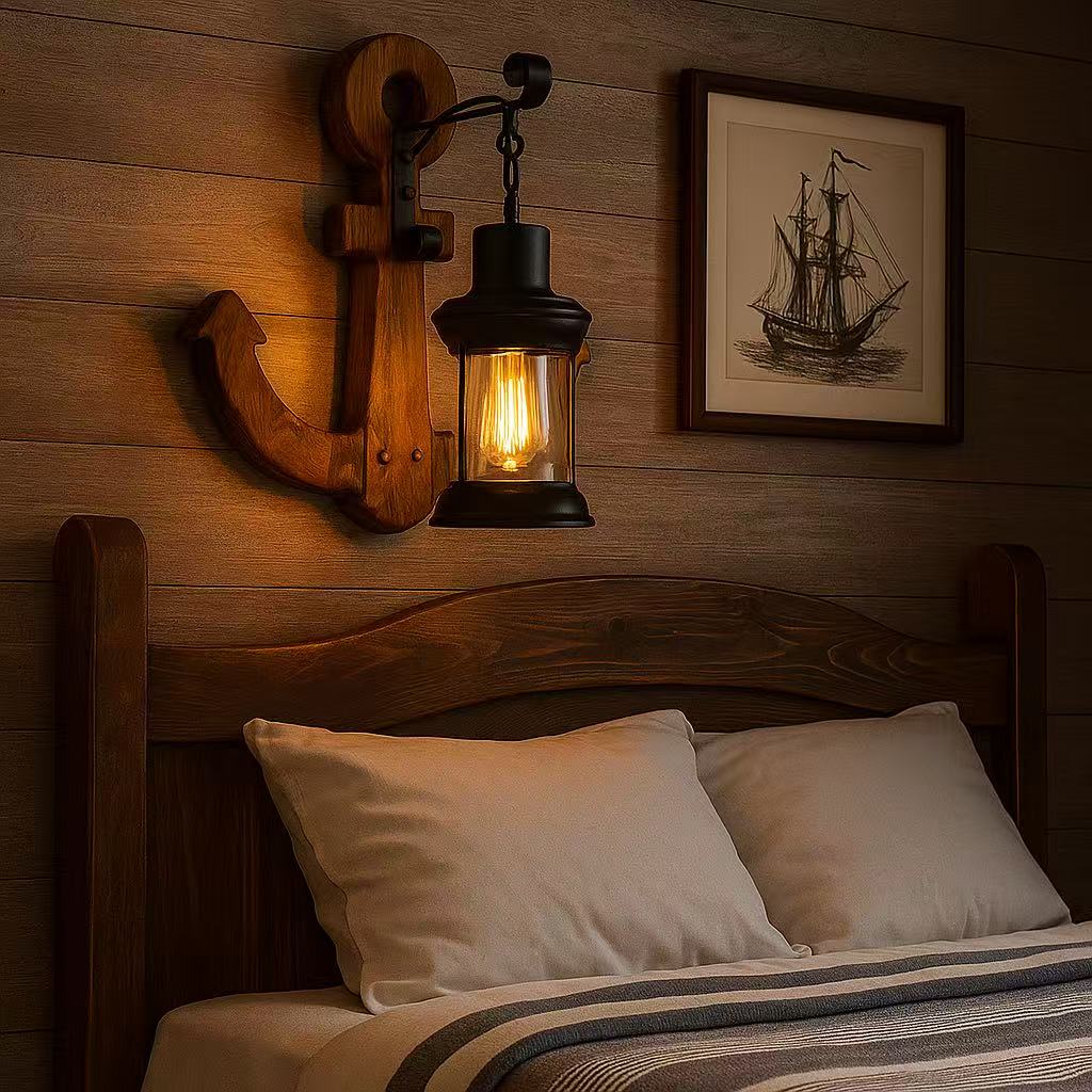 TEKHOME Applique da Muro Vintage in Legno a Forma di Ancora, Portalampada E27, Design Industriale Rustico con Vetro, Lampada da Parete Interni per Ristorante, Soggiorno e Corridoio – Modello E54