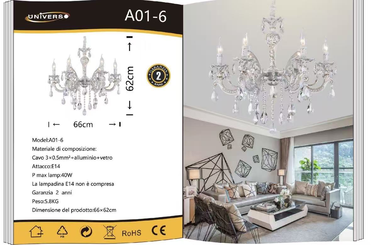 Lampadario in Cristallo 6 Luci E14 Stile Classico Elegante per Soggiorno e Sala da Pranzo Ø66cm – A01-6