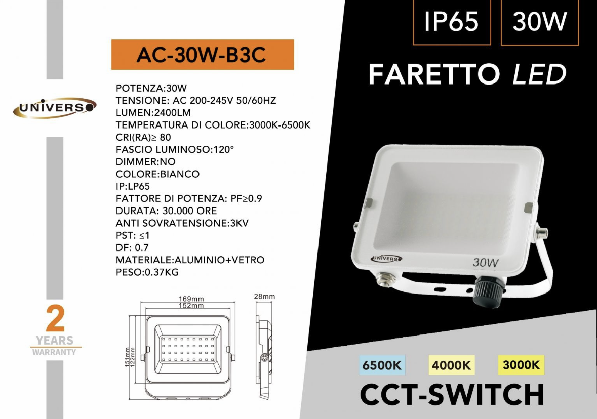 Faretto LED da Esterno IP65 – CCT Switch 3000K/4000K/6500K, 10W–50W, Faro LED Impermeabile per Giardino, Cortile, Garage- Serie AC