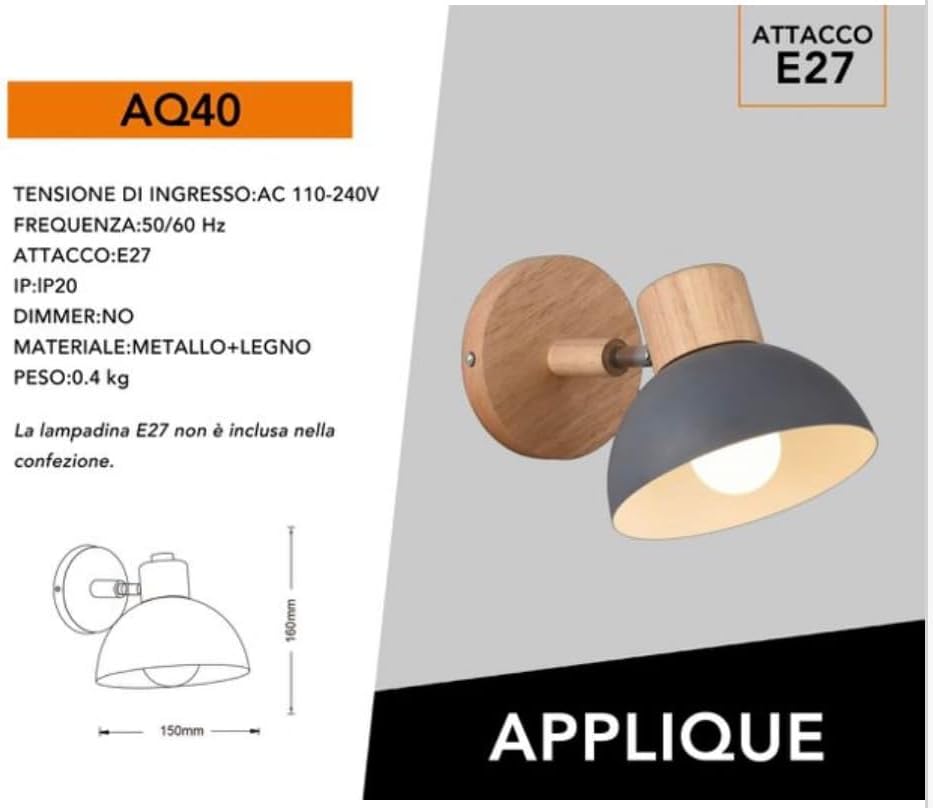 Applique da Parete E27 in Legno e Metallo – Lampada da Parete Design Moderno Nero e Legno Naturale per Soggiorno, Camera da Letto o Corridoio AQ40