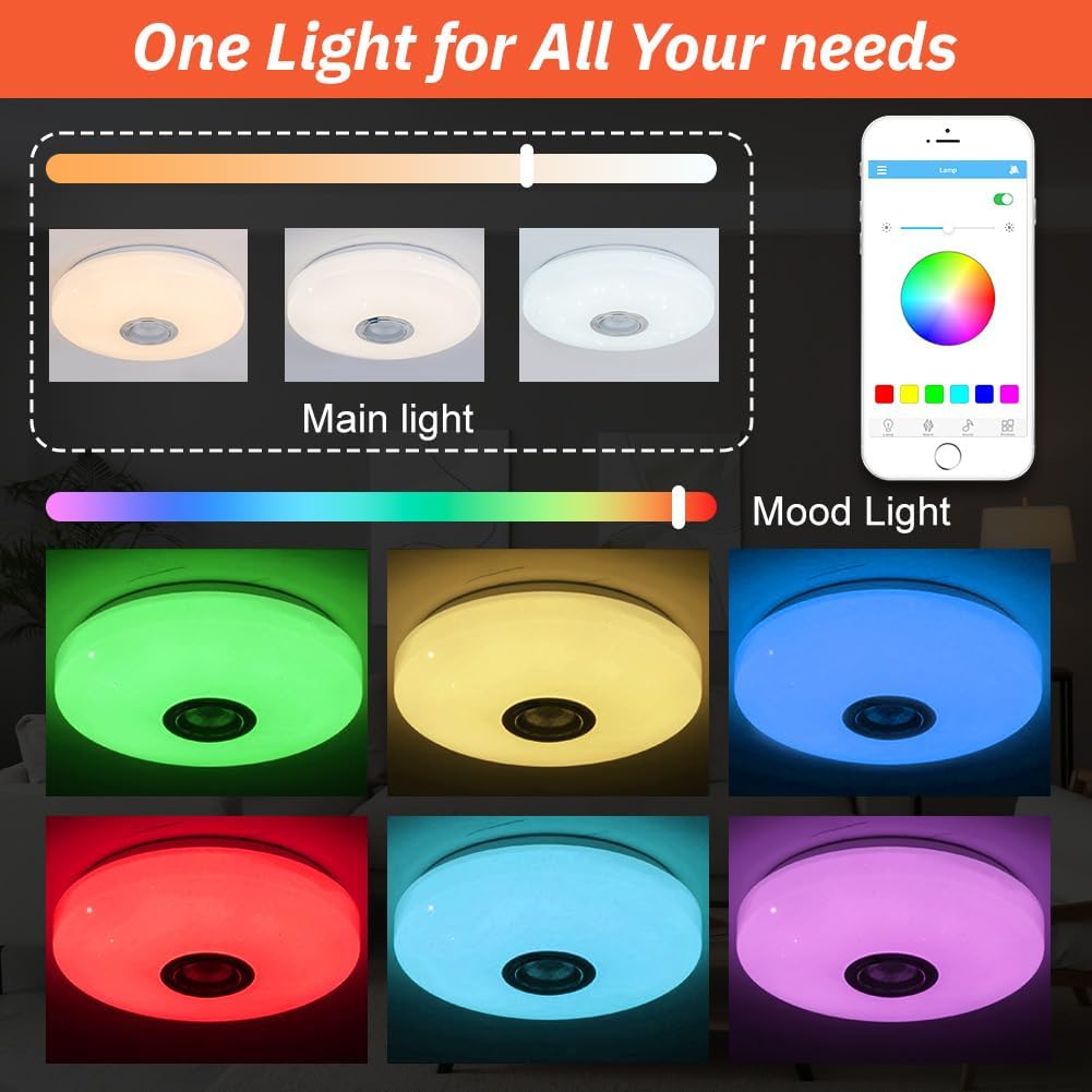 TEKHOME Plafoniera LED Smart con Bluetooth, APP e Musica, 31W RGB + 31W Bianco (3000K-6500K), Contrololo da Telecomando e Phone, Luce Colorata per Camera Letto/Soggiorno, IP20 C09-RGB