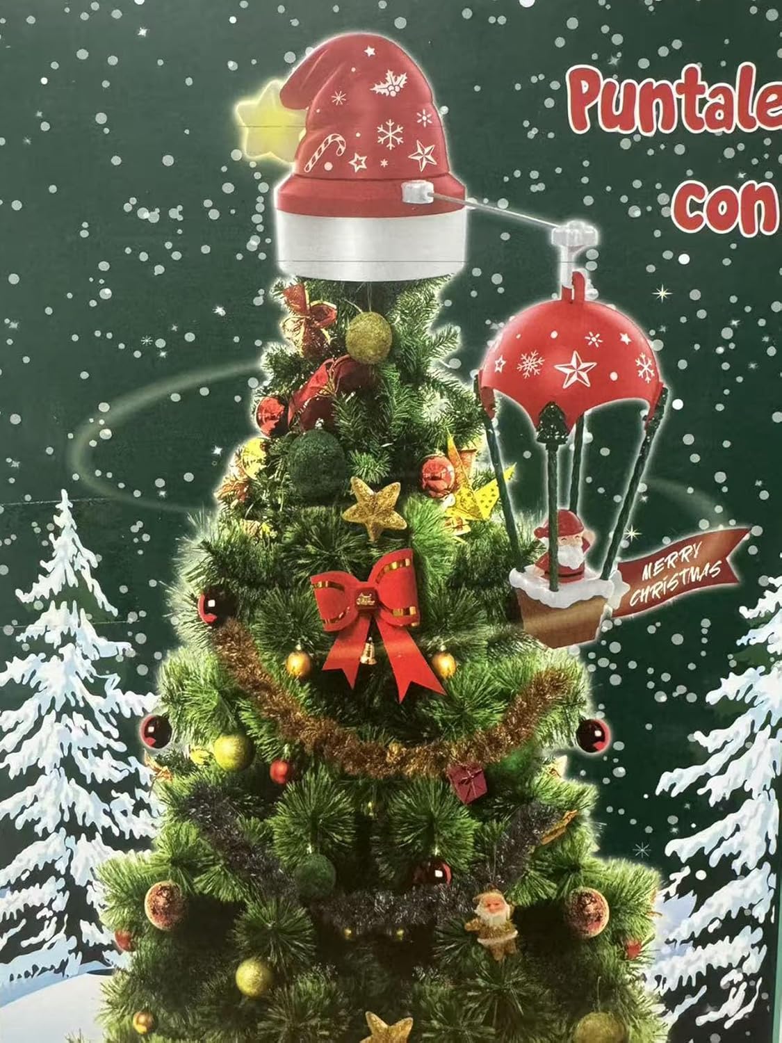 Puntale Albero di Natale con Mongolfiera – Decorazione con Movimento, Luce e Musica, Alimentazione USB, Effetto Rotante per Albero di Natale 245324