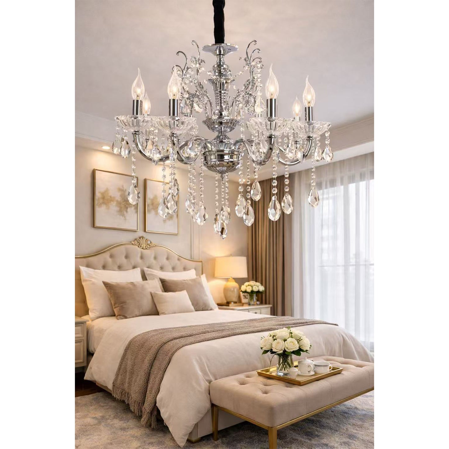 Lampadario Classico in Cristallo, 6 Luci E14, Stile Elegante per Soggiorno e Sala da Pranzo, Lampadario da Soffitto in Alluminio e Vetro – A18-A