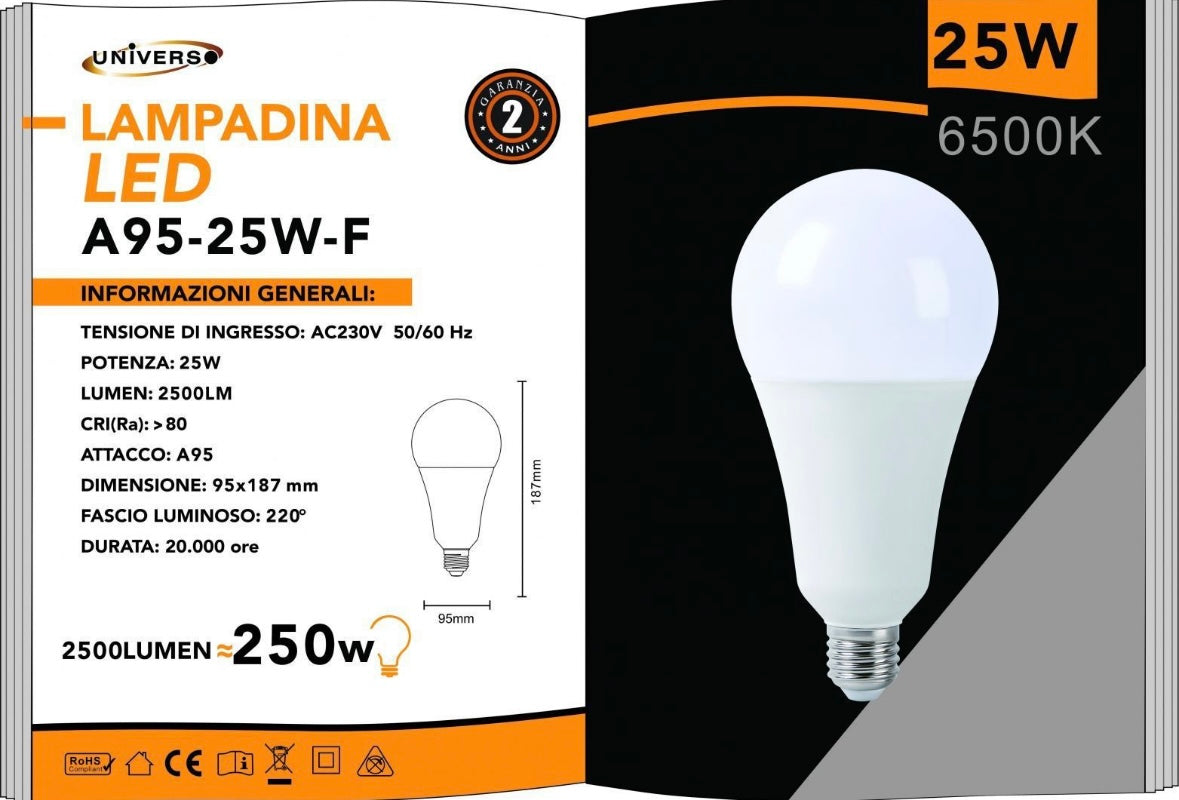 Lampadine LED E27 A95 25W 6 Pezzi, 2500LM, Naturale 4000K, Grande Formato A95, Alto Risparmio Energetico, Accensione Istantanea, Serie A95-25W