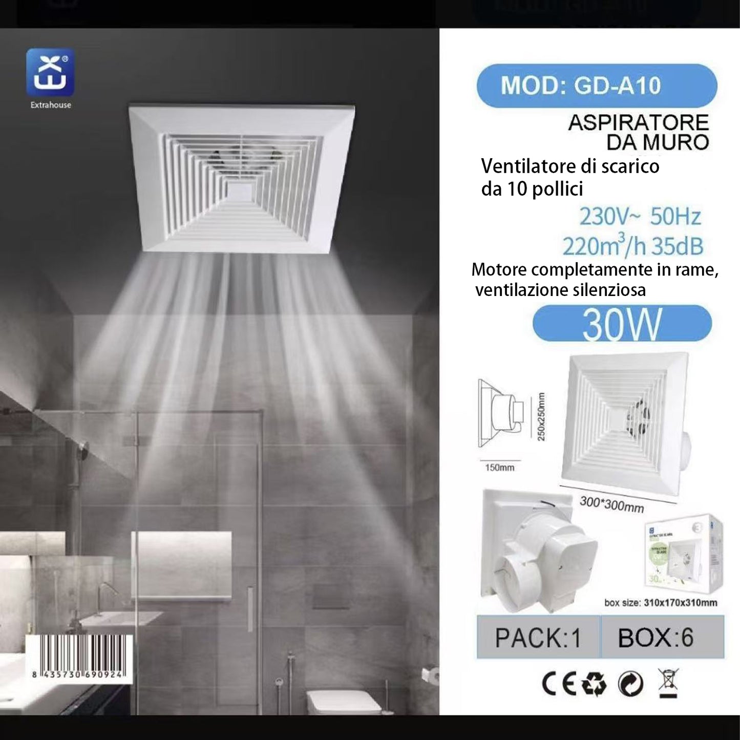 Aspiratore da Muro 10”, Ventola di Scarico per Bagno e Cucina, 30W, 220 m³/h, Silenzioso 35 dB, Motore in Rame, Ø150 mm – E-GD-A10