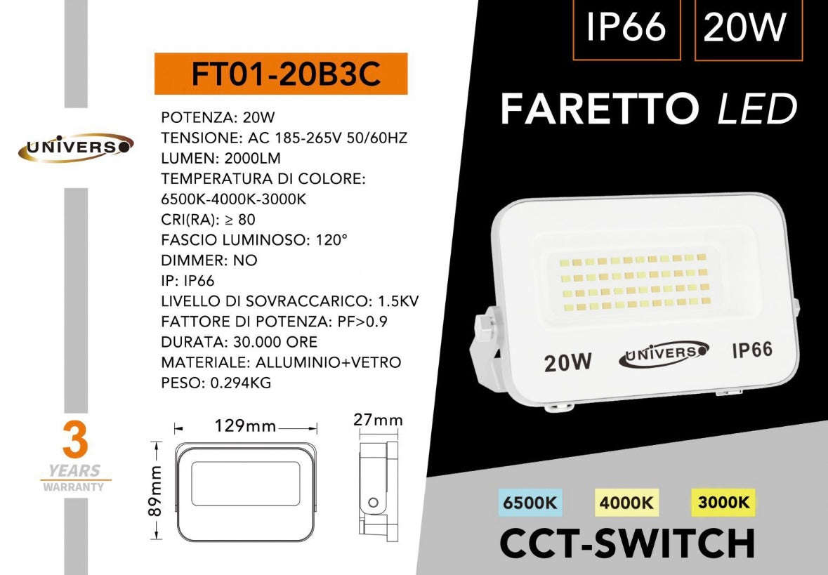 Faro LED Esterno CCT IP66 – 10W/20W/30W/50W/100W/200W – Selettore 3000K-4000K-6500K – Faretto LED da Esterno in Alluminio, Bianco o Grigio FT01