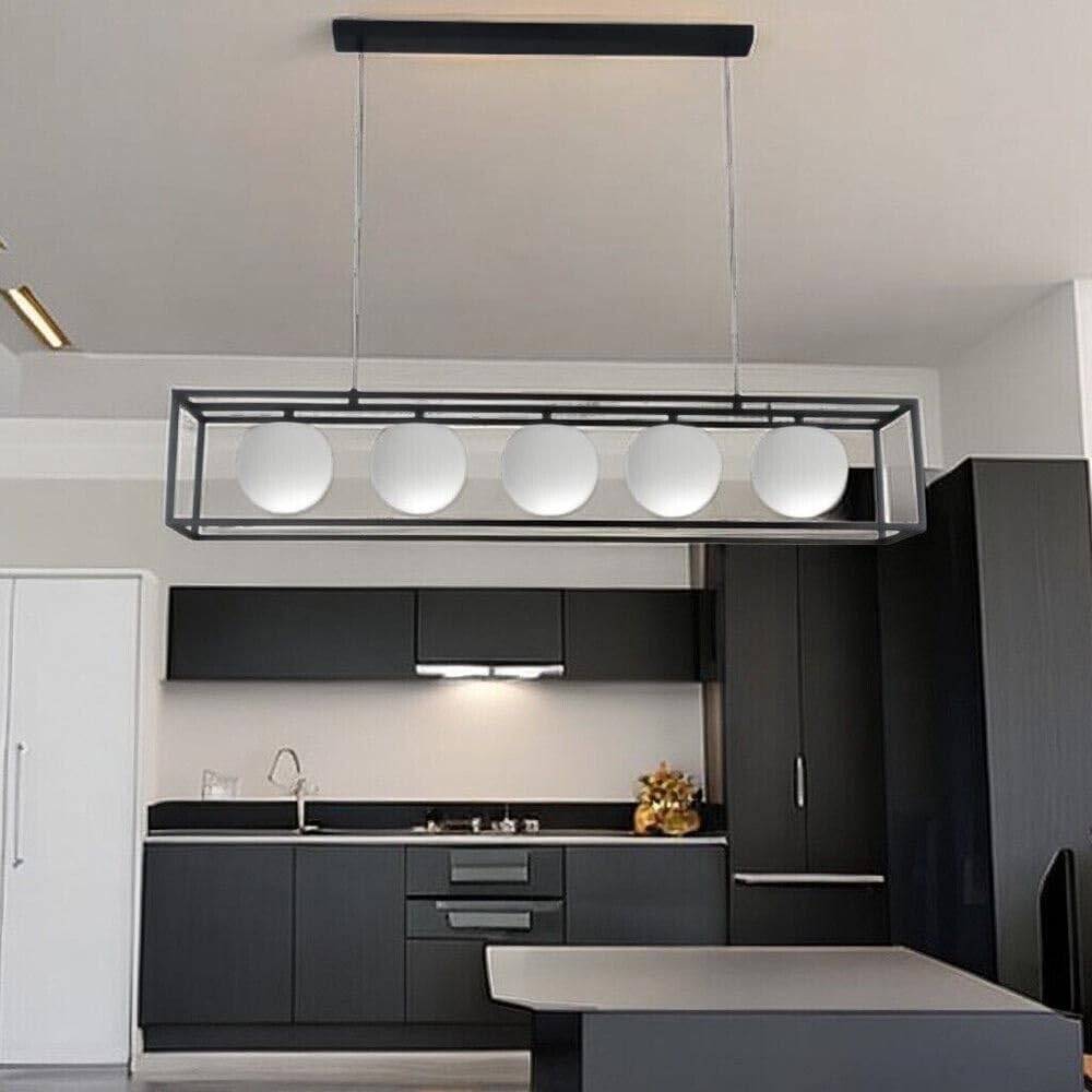 TEKHOME Lampadario a sospensione con 5 sfere in vetro bianco moderno metallo nero B89