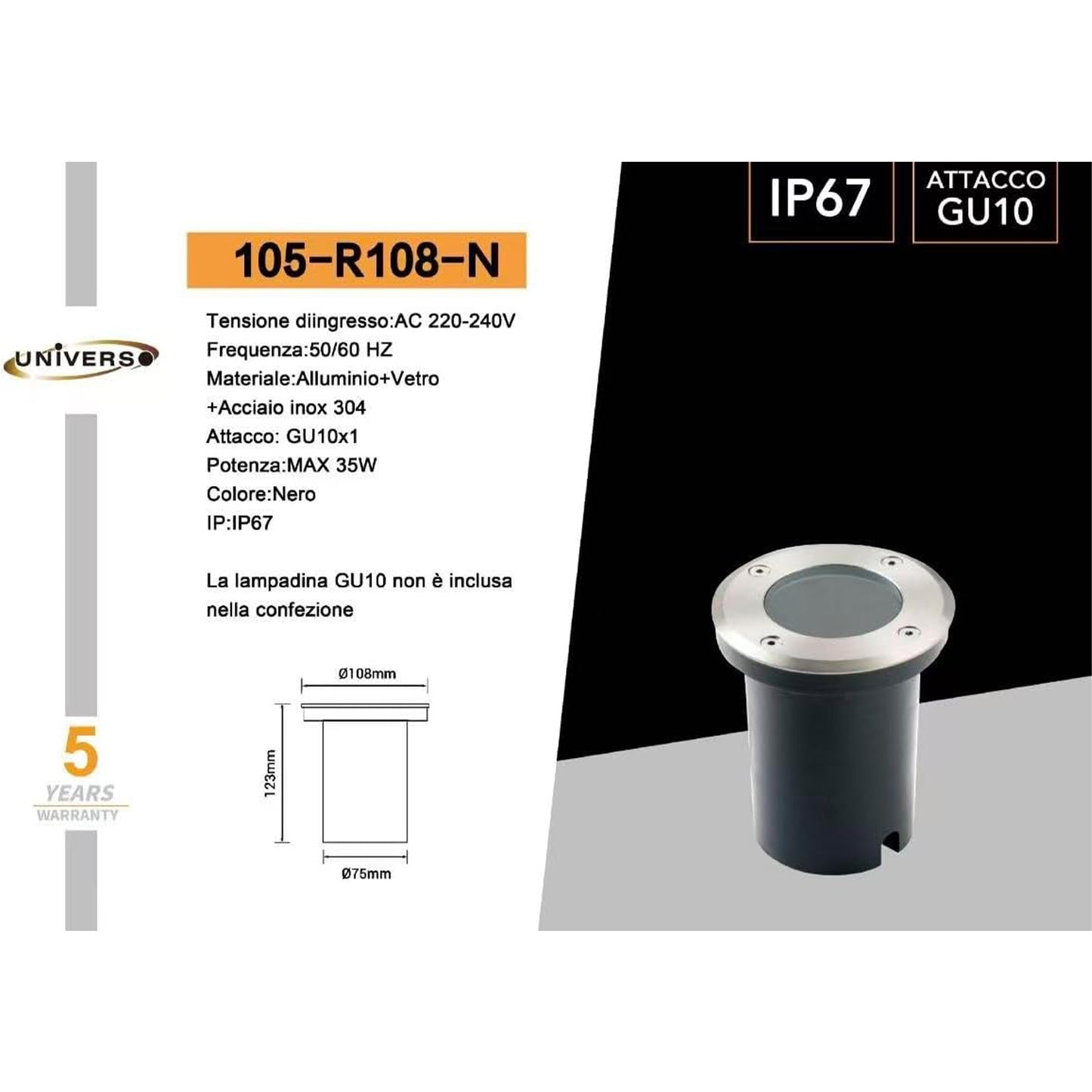 Faretto da Incasso a Terra GU10 IP67, Luce da Esterno Calpestabile, Segnapasso da Incasso Pavimento in Acciaio Inox e Alluminio, Compatibile Lampadina GU10, 35W Max, Ideale per Giardino e Vialetti R108-N