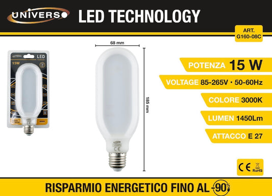 Lampadine LED E27 15W 5 Pezzi, 1450LM, Luce Calda 3000K, Forma Tubolare 68 × 185 mm, Lampadine ad Alta Luminosità 85-265V, Basso Consumo, Non Dimmerabili, Modello G160-08C