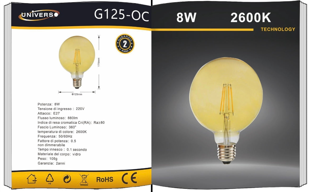 Lampadine LED E27 G125 8W, Confezione da 5 Pezzi, 800LM, Luce 2600K/3000K, Globo XL Ø125mm in Vetro Trasparente o Ambrato, Illuminazione a 360°, Basso Consumo Energetico, Modello G125