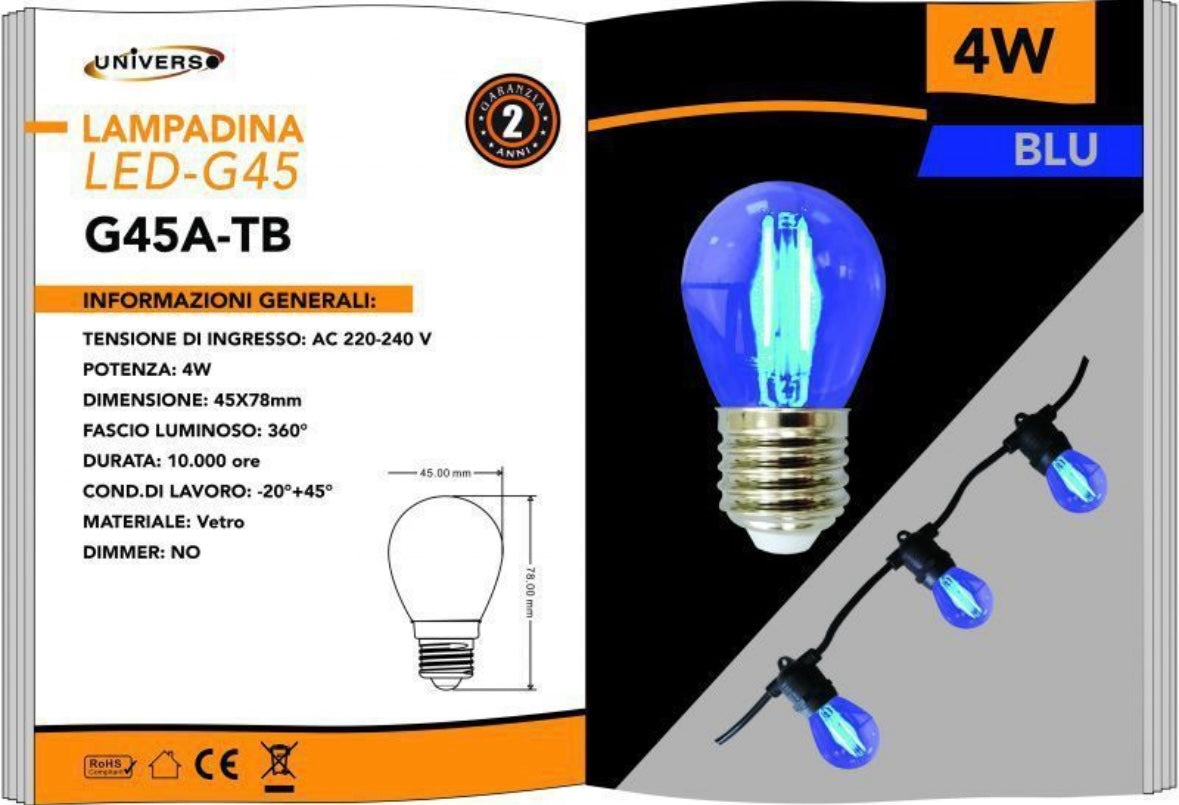 Lampadine LED E27 G45 4W, Confezione da 5 Pezzi, 440LM, 3000K/4000K/6500K e Colori Rosso Verde Blu, Lampadine Decorative in Vetro Trasparente, Luce a 360°, Basso Consumo, Modello G45A-T