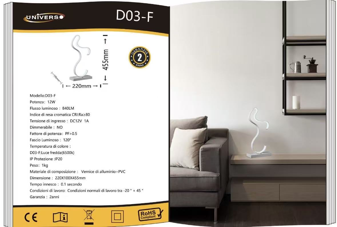Lampada da Tavolo LED Moderna – 12W, Design Artistico a S, CRI≥80, 3000K / 4000K / 6500K, Lampada da Comodino e Scrivania, Interno IP20- D03