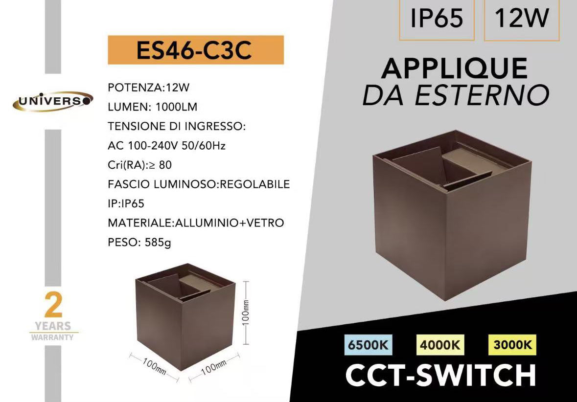 Applique da Esterno LED 12W IP65 – Lampada da Parete Regolabile con Fasci di Luce su e giù, CCT Switch 3000K/4000K/6500K, Alluminio Impermeabile per Facciata e Giardino ES46-3C