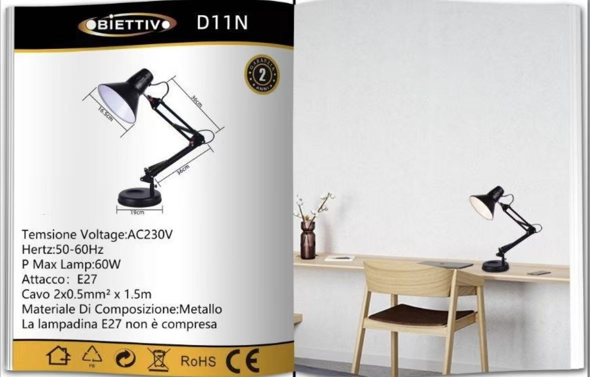 Lampada da Scrivania Orientabile E27 in Metallo – Lampada da Tavolo Moderna con Braccio Regolabile, Base Stabile, per Studio, Ufficio, Cameretta D11
