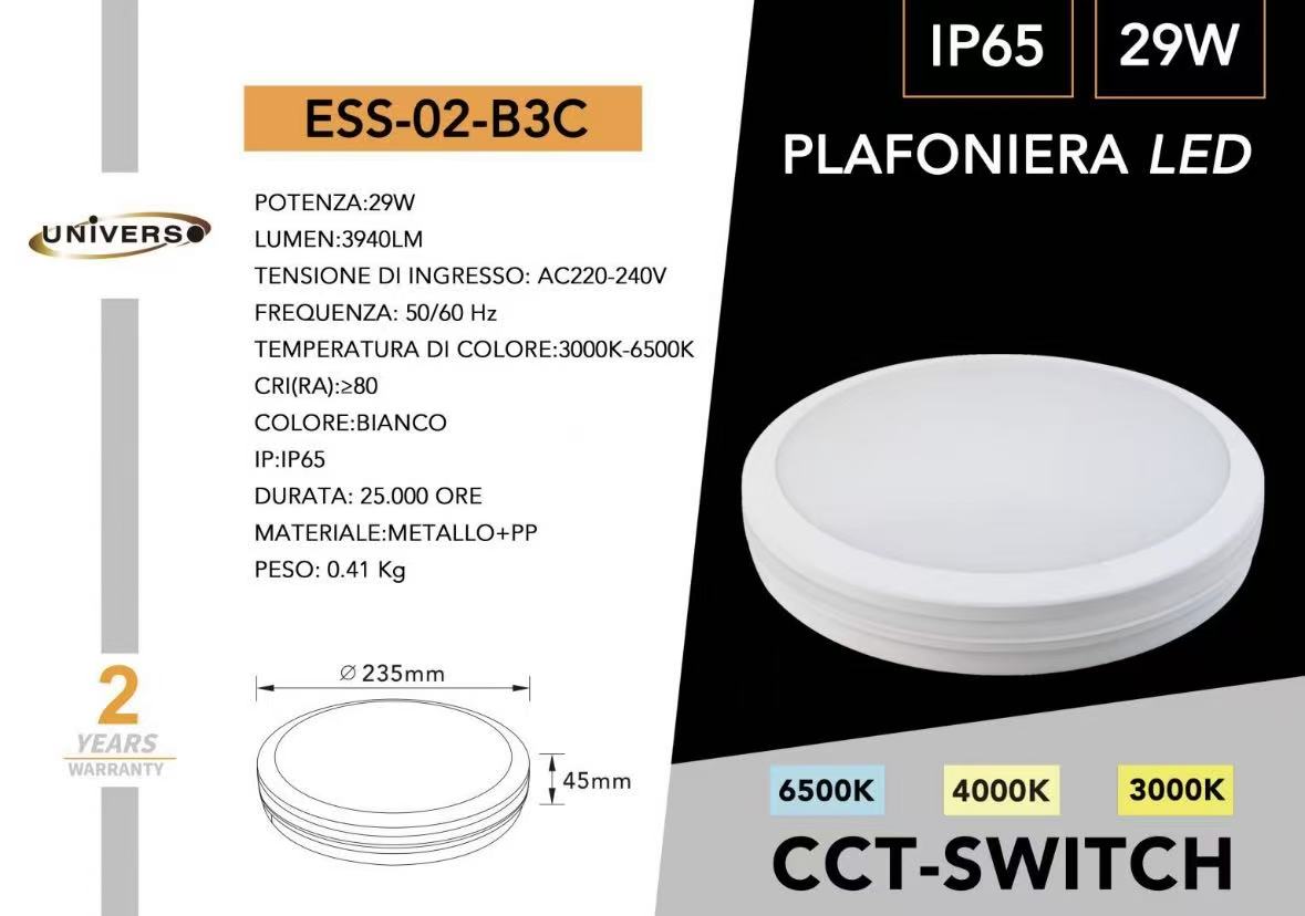 Plafoniera LED IP65 29W CCT 3000K-4000K-6500K Ø235mm, Lampada da Soffitto per Interno/Esterno, Ultra Luminosa 3940LM, Colore Nero/Bianco, ESS-02