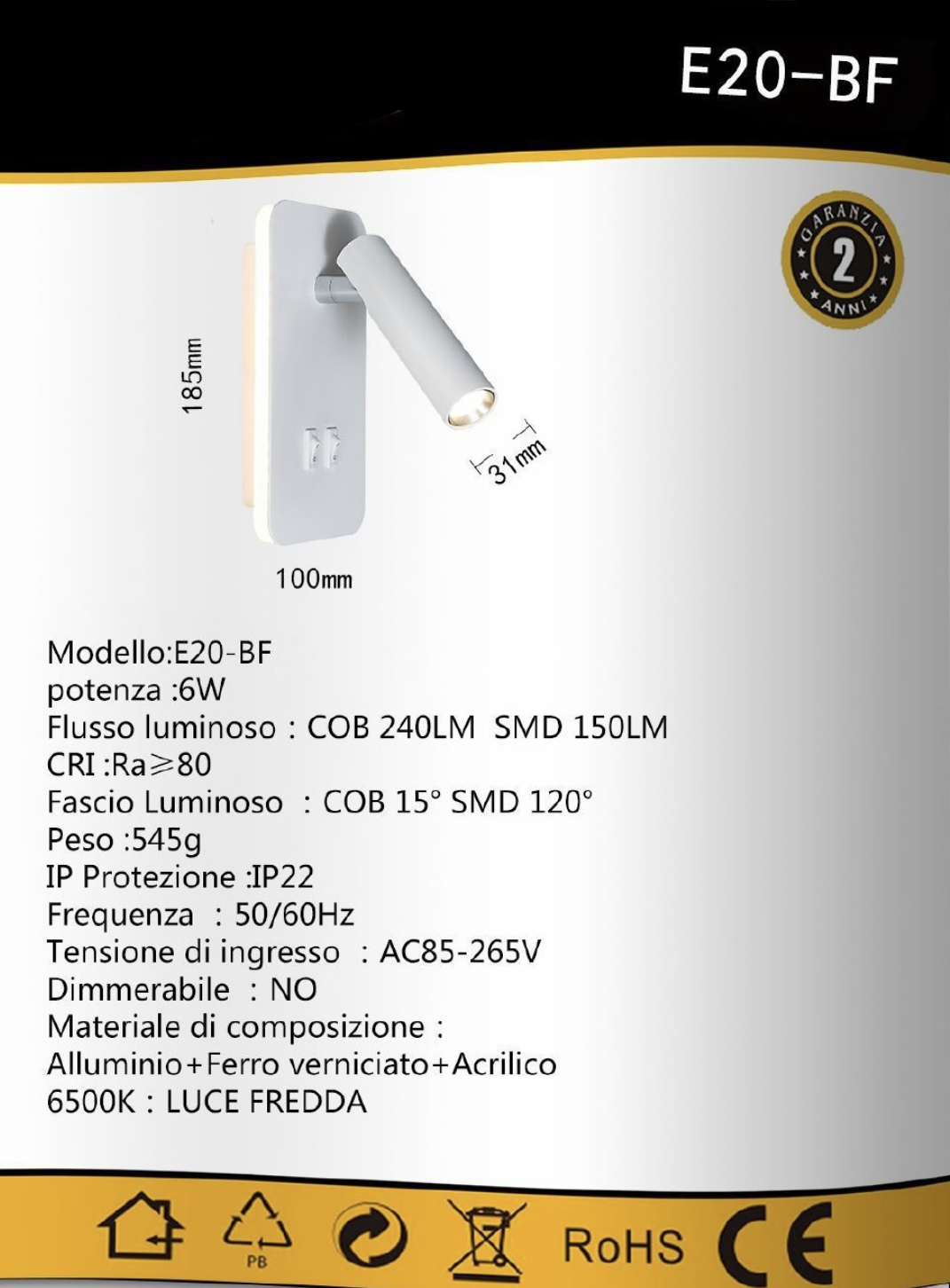 TEKHOME Applique da Parete LED 6W con Interruttore, Lampada da Comodino Orientabile, Luce 3000K-6500K Design Moderno in Alluminio, per Camera da Letto e SoggiornoE20