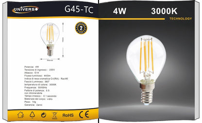 Lampadine LED E14 G45 4W, Confezione da 5 Pezzi, 440LM, 3000K/4000K/6500K, Lampadine Decorative in Vetro Trasparente, Luce a 360°, Basso Consumo, Non Dimmerabili, Modello G45-T