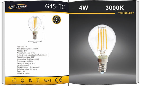 Lampadine LED E14 G45 4W, Confezione da 5 Pezzi, 440LM, 3000K/4000K/6500K, Lampadine Decorative in Vetro Trasparente, Luce a 360°, Basso Consumo, Non Dimmerabili, Modello G45-T