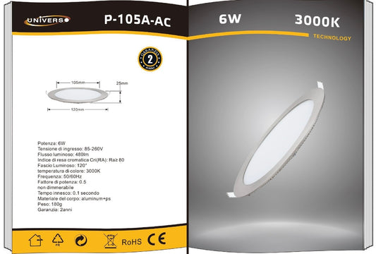 Faretto LED da Incasso 6W 480LM, Pannello LED Rotondo Ultrasottile Ø120mm, Foro Ø105mm, Luce Calda 3000K, Fascio 120°, CRI≥80, Bianco, 1 Pezzo, P-105A-AC