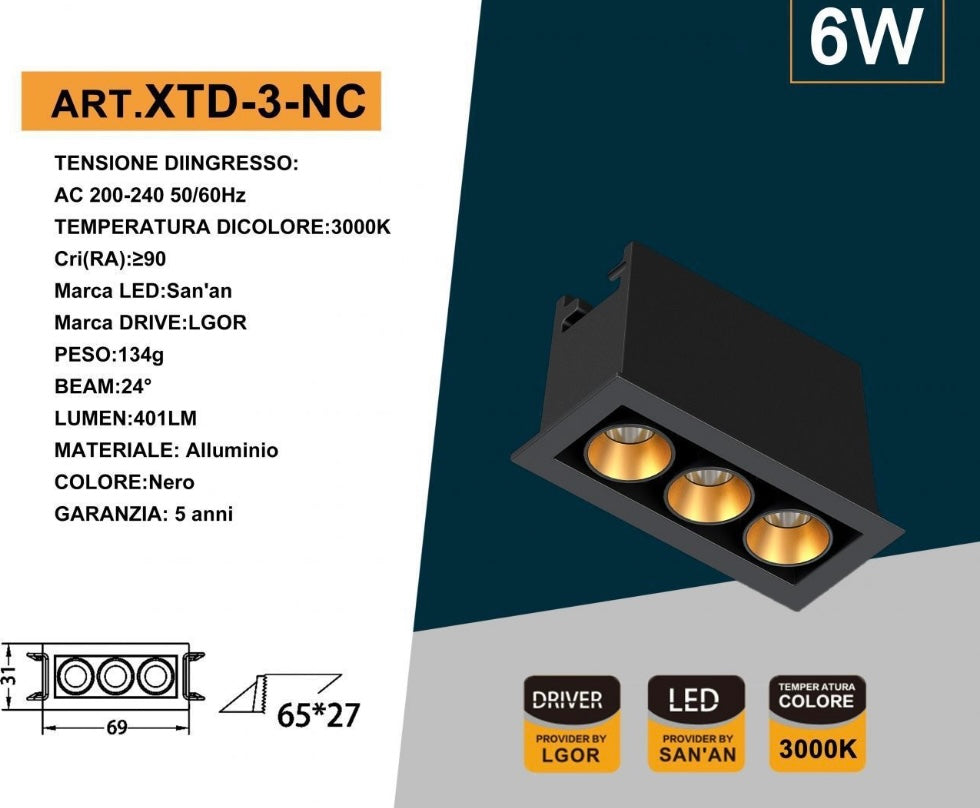 Faretto LED da Incasso Rettangolare Nero 6W, 3 Spot, CRI ≥90, Fascio 24°, Alluminio, Faretti da Incasso per Cartongesso e Controsoffitto, 3000K/4000K/6500K, 1 Pezzo, XTD-3-N