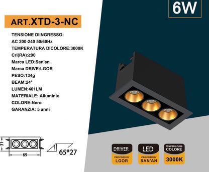 Faretto LED da Incasso Rettangolare Nero 6W, 3 Spot, CRI ≥90, Fascio 24°, Alluminio, Faretti da Incasso per Cartongesso e Controsoffitto, 3000K/4000K/6500K, 1 Pezzo, XTD-3-N