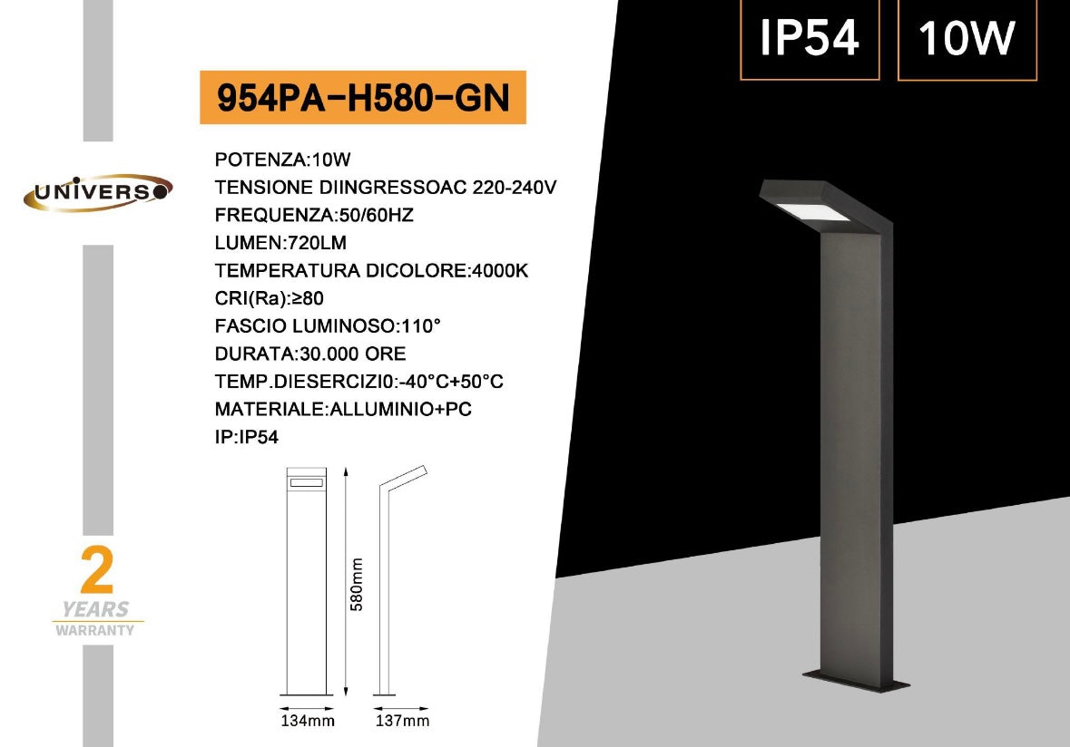 Lampione da Giardino Moderno 10W, Paletto Luce LED Esterno 4000K, IP54 Impermeabile, H580mm, Lampada da Esterno per Vialetti, Cortile, Giardino – Alluminio 954PA-H580