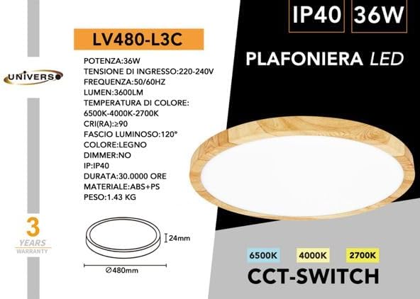 TEKHOME Plafoniera LED Soffitto 36/45W,3colore 3600/4950LM IP40 Impermeabile Rotonda Ø48/60CM Lampadario LED Moderna Luce Soffitto per Cameretta, Cucina, Soggiorno, Balcone -LV