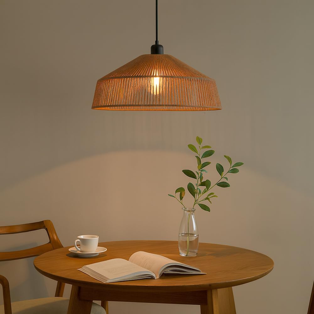 Lampadario a Sospensione in Stile Boho 40/50cm, Paralume in Rattan/Filo di Corda, Attacco E27, Altezza Regolabile, Illuminazione per Cucina Soggiorno Sala da Pranzo – Naturale LP-48
