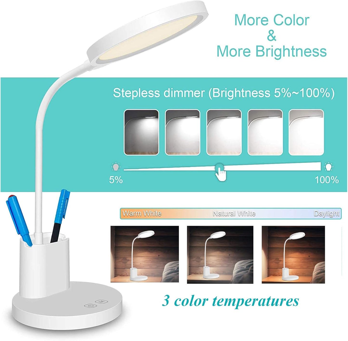 Lampada da Tavolo LED Ricaricabile – CRI ≥90, Dimmerabile 5-100%, 3 Temperature Colore 3000K-4000K-6500K, Luce per Studio e Ufficio LS-TD01-3C