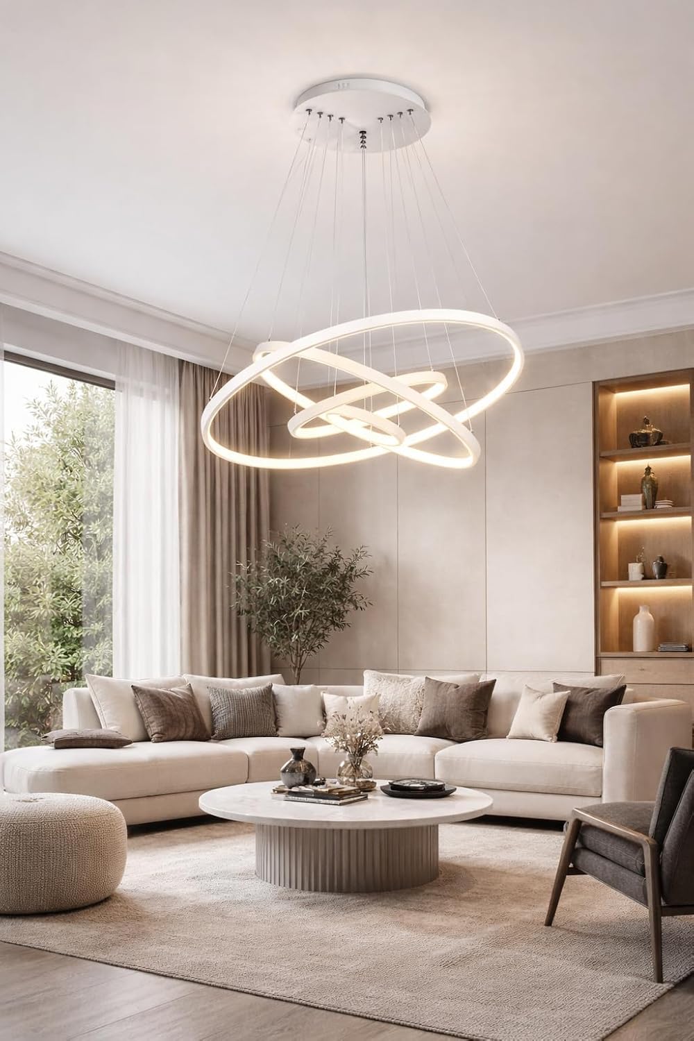 Lampadario LED Moderno a Sospensione 86W 6880LM, 3 Colori Luce 3000K 4000K 6500K, CCT Switch, Design Anelli, Lampadario per Soggiorno Sala da Pranzo Camera, LP-51-B3C