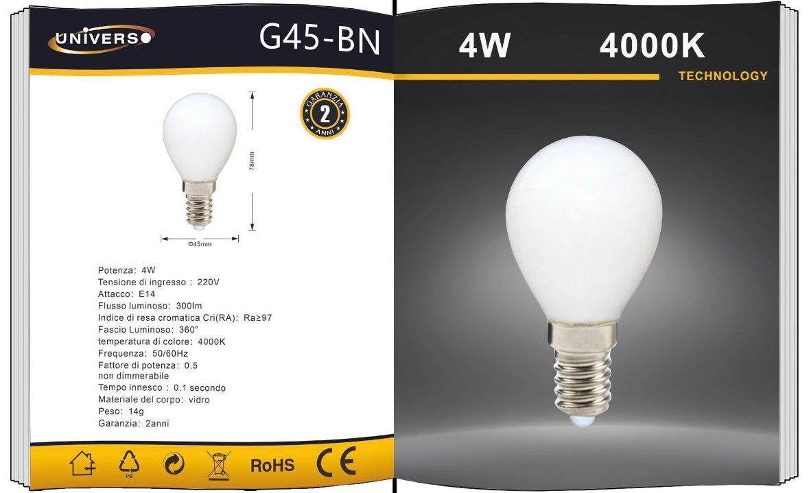 5PZ Lampadina LED E14 G45 4W, Mini Globo Opaco, 300LM, Luce Calda 2700K / Naturale 4000K / Fredda 6500K, Non Dimmerabile, 220V, per Lampadari e Abat Jour, G45-B Series