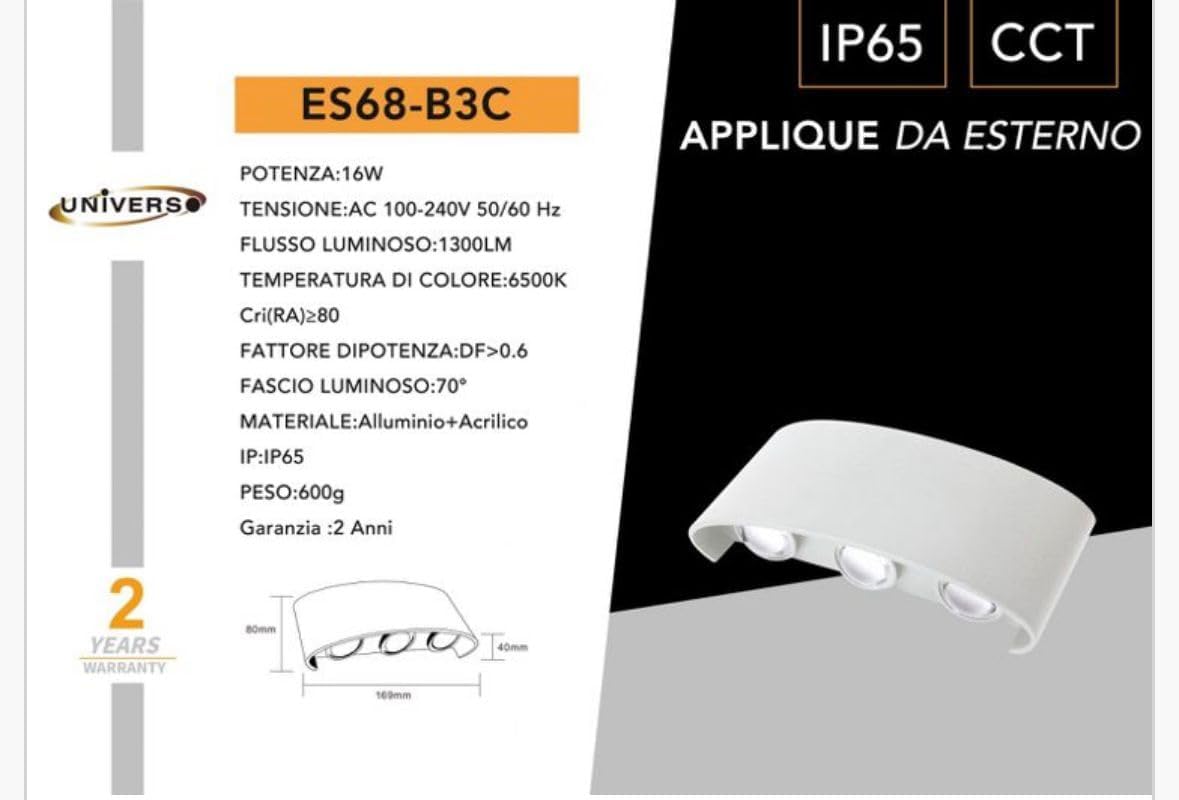Applique da Esterno LED 16W IP65 – Lampada da Parete Moderna con 3 Colori Selezionabili (3000K/4000K/6500K), Alluminio + Acrilico, Nero/Grigio/Bianco, 1300 Lumen ES68