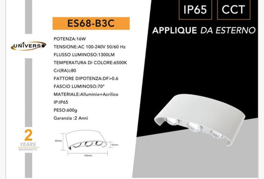 Applique da Esterno LED 16W IP65 – Lampada da Parete Moderna con 3 Colori Selezionabili (3000K/4000K/6500K), Alluminio + Acrilico, Nero/Grigio/Bianco, 1300 Lumen ES68