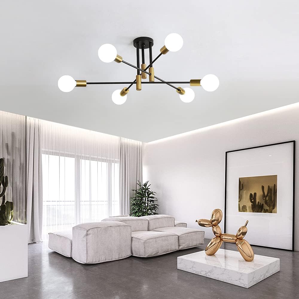 Plafoniera Moderna a Soffitto E27, Lampadario 6 Luci in Metallo Nero e Ottone, Stile Industriale per Soggiorno Cucina Camera da Letto – Attacco E27 (Lampadina Non Inclusa) PN-14