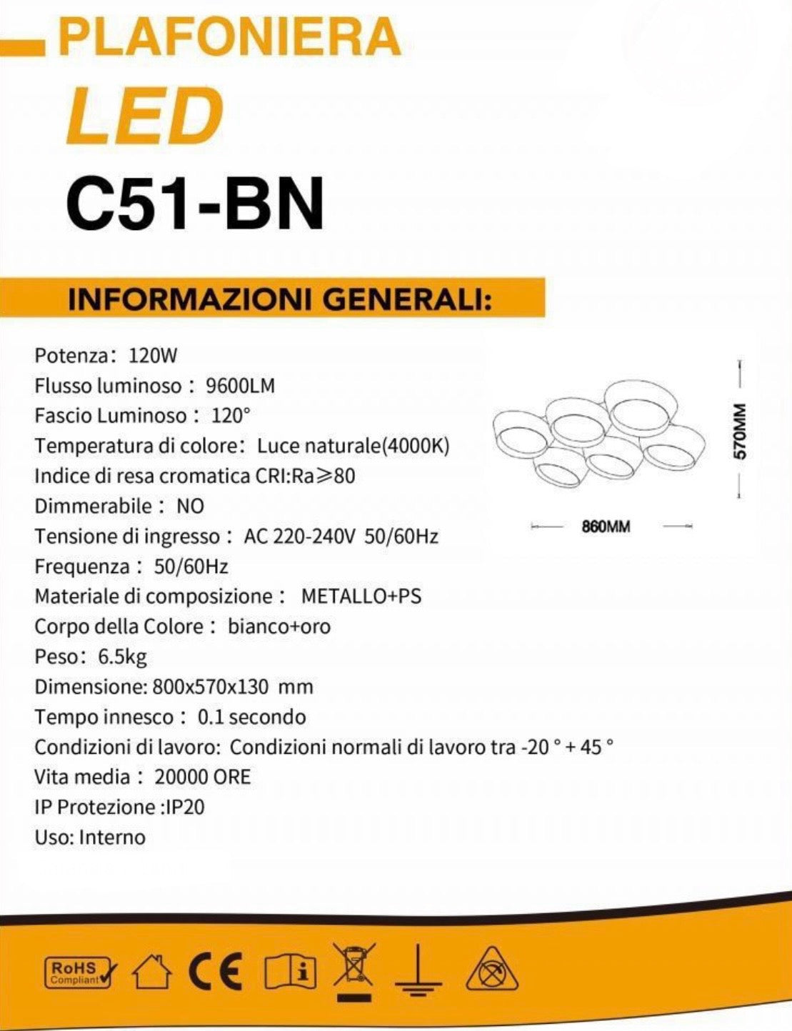 TEKHOME Plafoniera a led 120 watt lampadario da soffitto 6 cerchi irregolari luce 3000K 4000K 6500K C51
