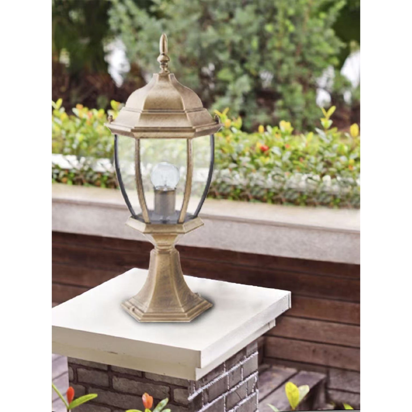 Lampada da Palo per Esterni E27 – Lanterna da Colonna Esagonale IP55 in Alluminio e Vetro – 8 Pollici – per Muro, Cancello, Pilastro, Giardino ES45