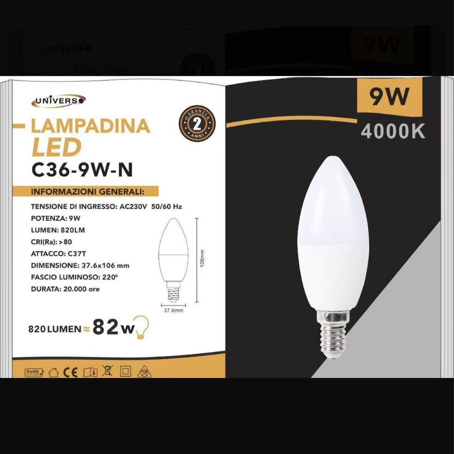 6 Pezzi Lampadina LED Candela E14 9W (≈82W) – 820 Lumen, CRI>80, 230V, Fascio 220°– 3000K/4000K/6500K C36-9