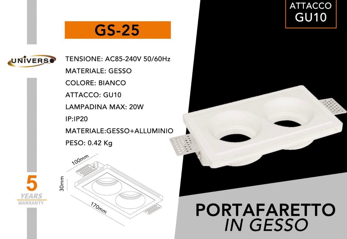 Portafaretto in Gesso da Incasso Doppio GU10 – Faretto da Soffitto Verniciabile, Bianco, IP20, Per Cartongesso, Lampadine GU10 Max 2x20W GS-25