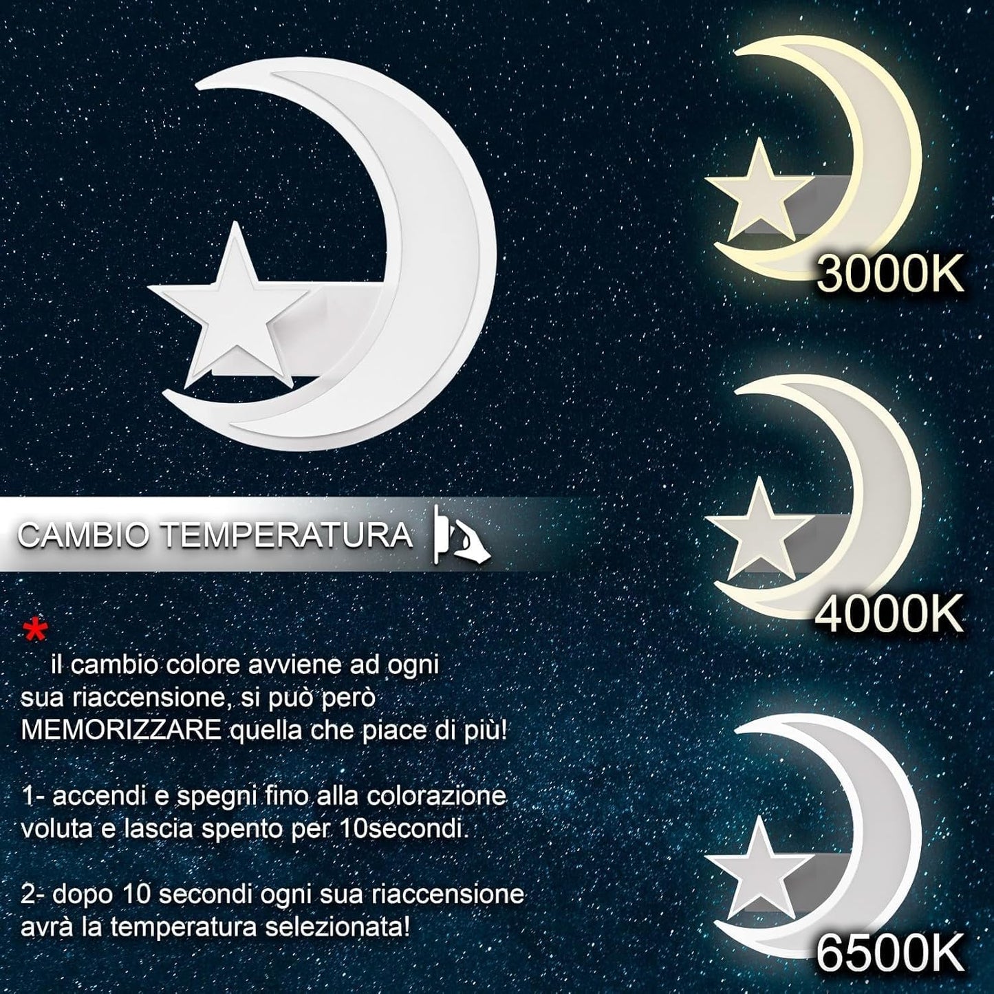 TEKHOME Applique da muro LED 11W design luna e stella, lampada decorativa da parete moderna 3000K-6500K, bianco E47-3C
