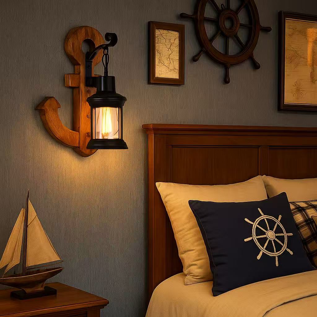 TEKHOME Applique da Muro Vintage in Legno a Forma di Ancora, Portalampada E27, Design Industriale Rustico con Vetro, Lampada da Parete Interni per Ristorante, Soggiorno e Corridoio – Modello E54