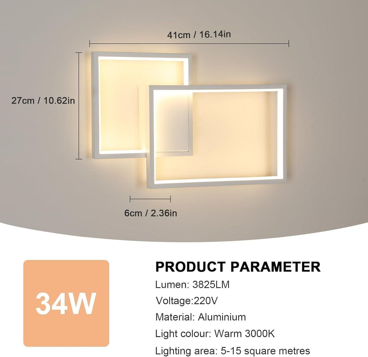 Applique LED Moderna 24W da Parete, CCT Switch 3000K/4000K/6500K, Lampada da Muro Design Geometrico per Soggiorno Camera Corridoio, IP20 – Serie AQ34