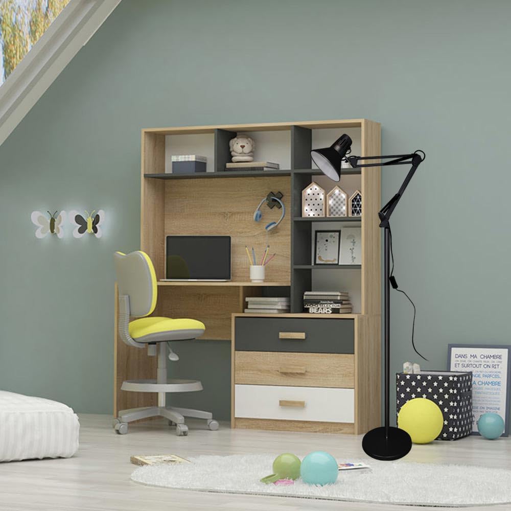 Lampada da Terra – Piantana Regolabile con Braccio Orientabile, Attacco E27, Max 60W, Design Moderno per Studio, Ufficio e Soggiorno D15