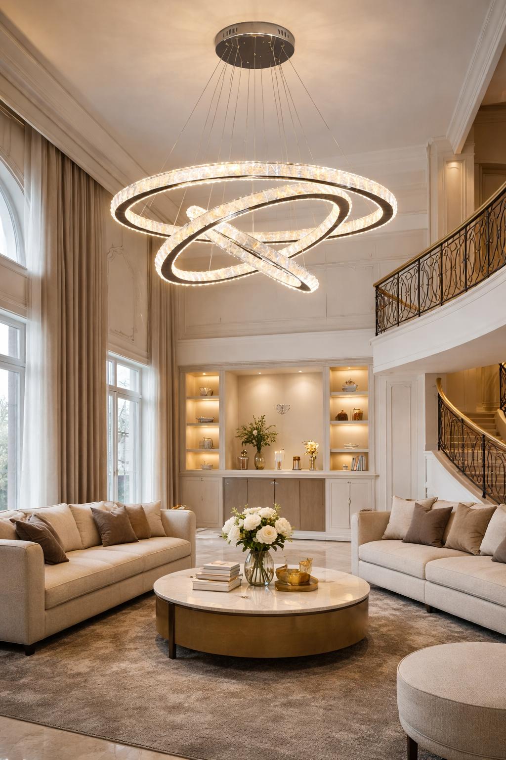 Lampadario LED Moderno a Sospensione 54W con 3 Anelli Cristallo, Telecomando, CCT 3000K 4000K 6500K, Lampada Design per Soggiorno Sala da Pranzo – A63-3C