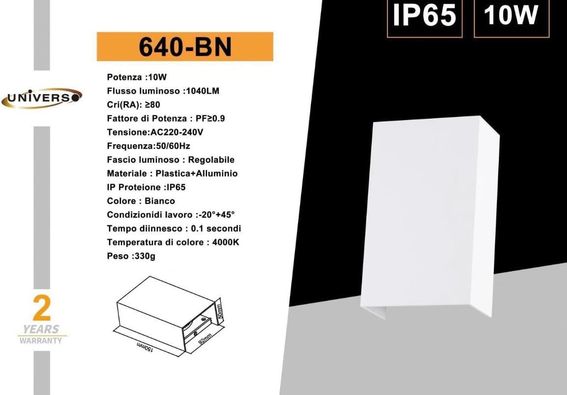 Applique da Esterno LED 10W IP65 – Lampada da Parete Moderna Rettangolare in Alluminio, Luce Calda 3000K / Neutra 4000K / Fredda 6500K, 1040 Lumen, per Interno ed Esterno 640