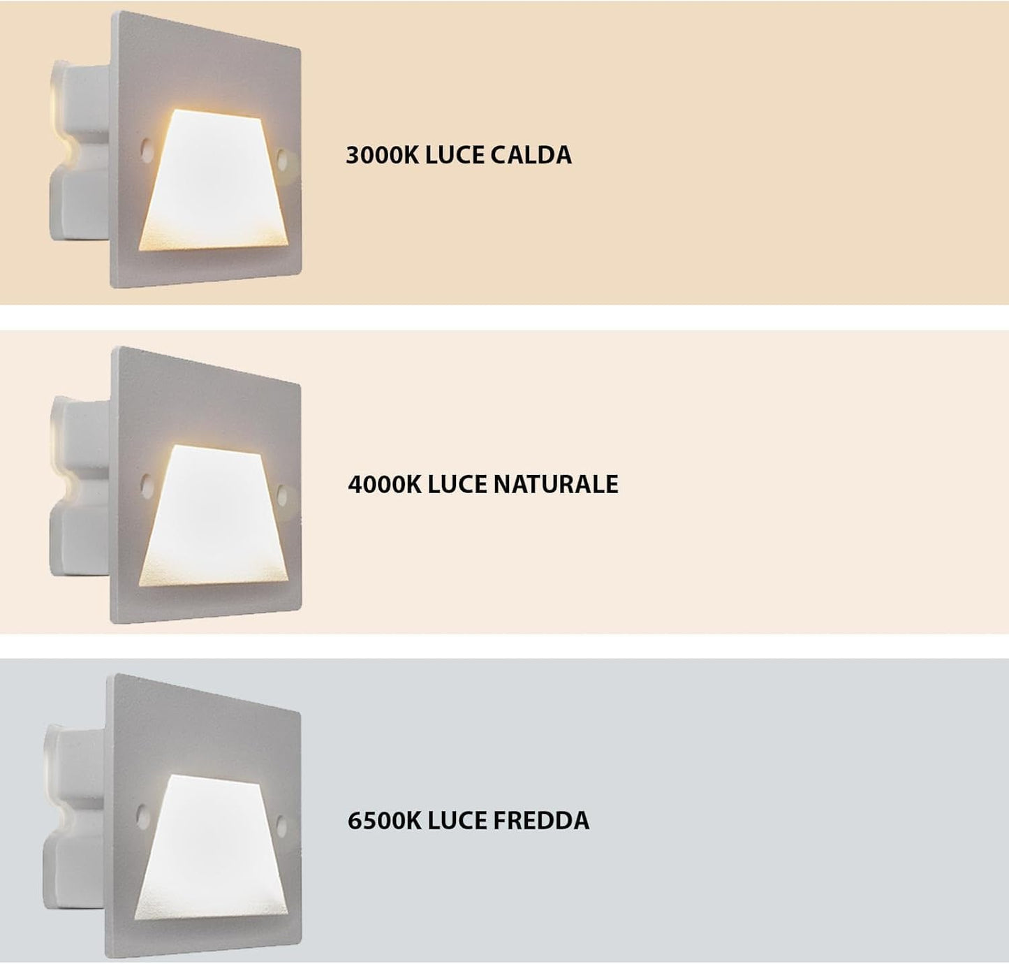Segnapasso da Incasso LED 3W IP65 CCT-Switch – Lampada da Parete per Scale e Corridoi, Luce Selezionabile 3000K-6500K, Alluminio e Vetro, Impermeabile da Esterno e Interno ES49
