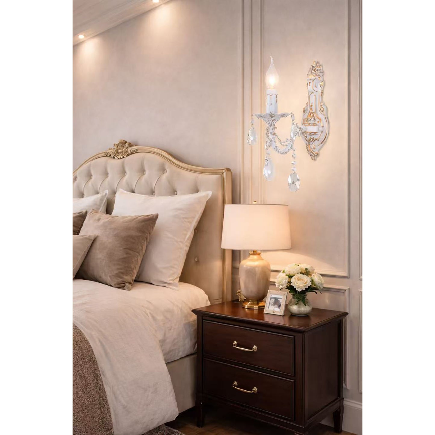 Applique da Parete Classica in Cristallo E14, Lampada da Muro Elegante con Pendenti in Vetro per Camera da Letto e Soggiorno, Stile Classico Europeo – E01-1
