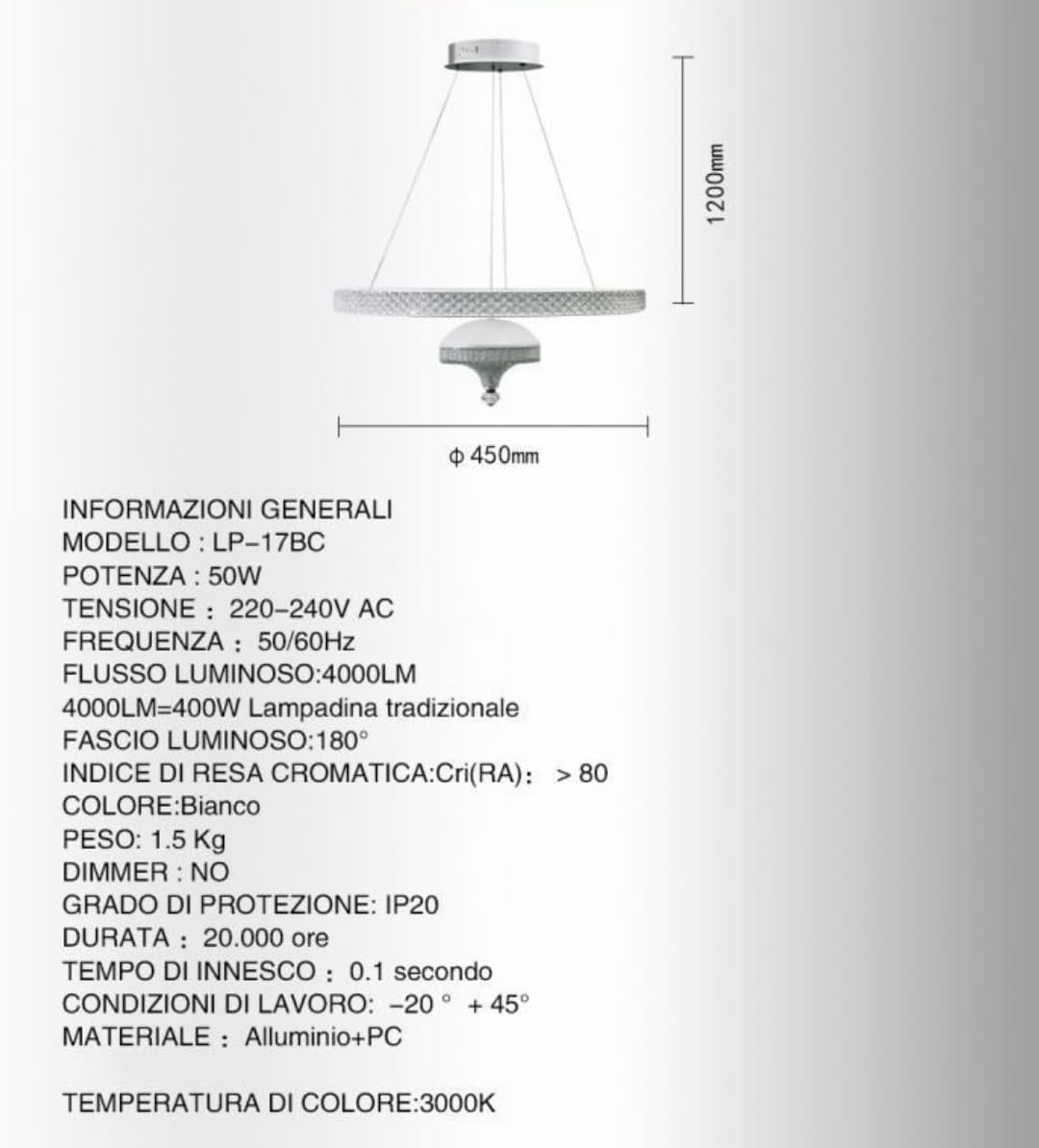 Lampadario LED Moderno 50W, Ø45cm, Bianco, 4000LM, 3000k/4000k/6500K,Soffitto Sospeso in Alluminio per Soggiorno, Cucina, Sala da Pranzo LP-17